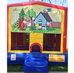 This bounce house is available in 15'x15' or 13'x13' and both have a basketball hoop inside.