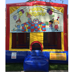 This bounce house is available in 15'x15' or 13'x13' and both have a basketball hoop inside.