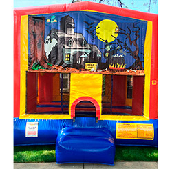 This bounce house is available in 15'x15' or 13'x13' and both have a basketball hoop inside.