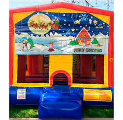 This bounce house is available in 15'x15' or 13'x13' and both have a basketball hoop inside.